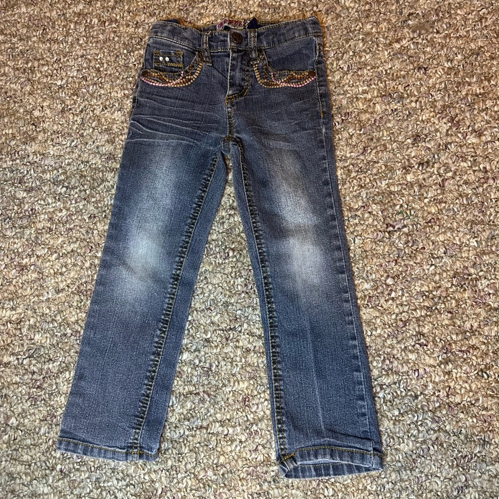 Vintage Squeeze Kids Blue Denim Jeans with Colorful Accents Embroidered Pockets